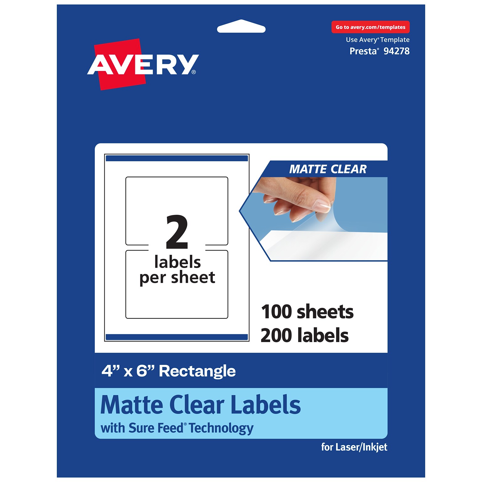 Avery Laser/Inkjet Rectangle Multipurpose Labels, 4 x 6, Clear, 200/Box (94278)