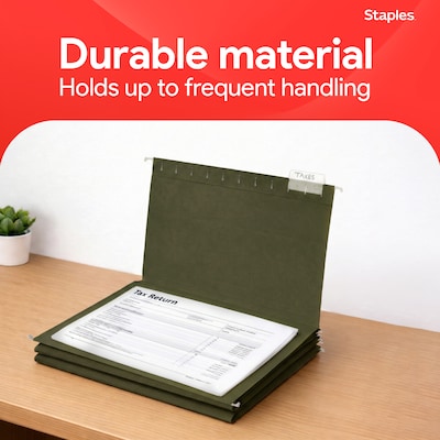 Staples Hanging File Folder, 1/5-Cut Tab, Letter Size, Standard Green, 50/Box (ST266262-CC)