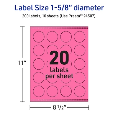 Avery Round Laser/Inkjet Multipurpose Labels, 1-5/8" Dia, Bright Pink (200/Pack)