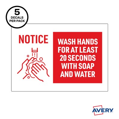 Avery Surface Safe "Wash Hands" Preprinted Wall Decals, 7" x 10", White/Red, 5/Pack (83175)