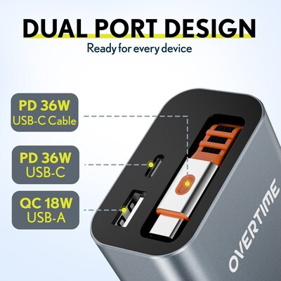 Overtime A50 72W USB-C and USB-A Car Charger with 2 ft Retractable USB-C Cable, Black (OCA50BK)