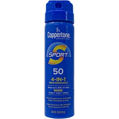 Coppertone Sport SPF50 Aerosol Sunscreen, 1.6 oz Travel Size Bottle, 14 Bottles/Dispensit Box, 12 Di