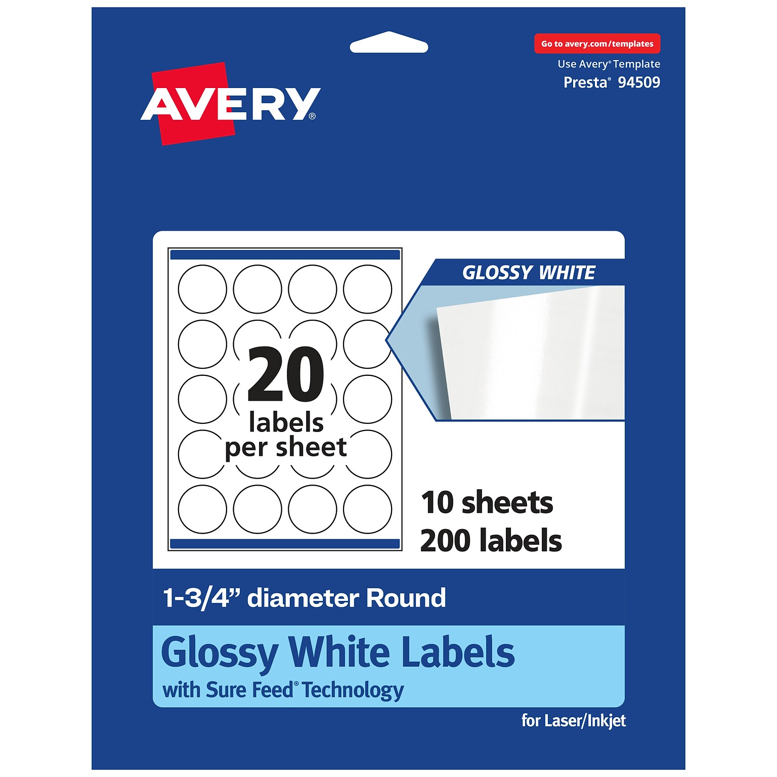 Avery Laser/Inkjet Round Multipurpose Labels, 1.75 Dia., White, 200 Labels/Pack (94509)