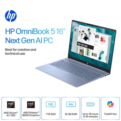 HP OmniBook 5 16 2K Laptop, CoPilot+ PC, AMD Ryzen AI 7 350, 16GB RAM, 1TB SSD, +16.75 hours batter