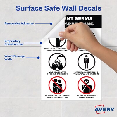 Avery Surface Safe "Prevent Germs from Spreading" Preprinted Wall Decals, 7" x 10", White/Black, 5/Pack (83174)