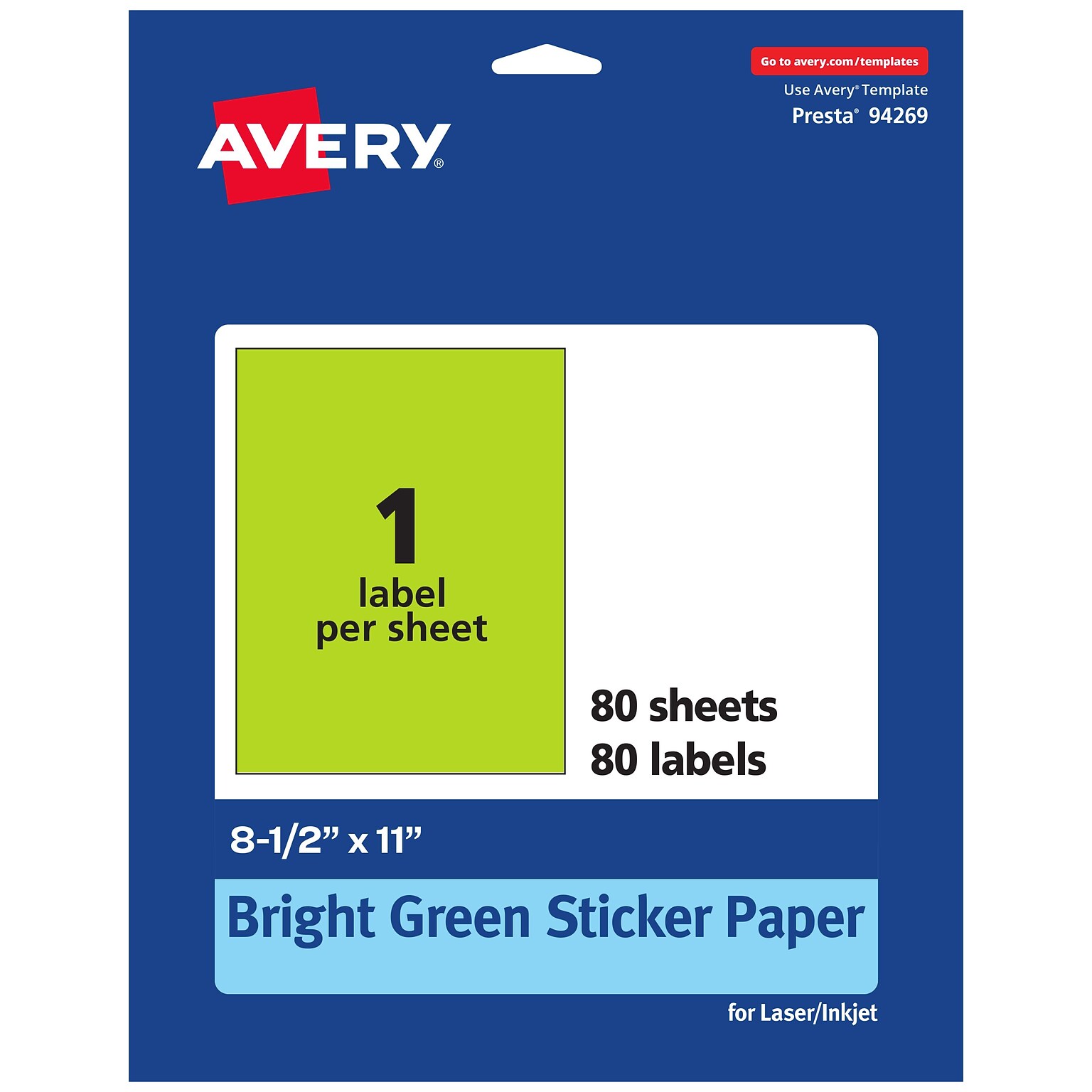 Avery Rectangle Multipurpose Labels, 8.5 x 11, Bright Green, 80/Box (94269)