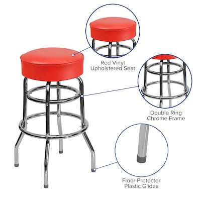 Flash Furniture Bruno Traditional Vinyl/Metal Double Ring Barstool without Back, Chrome/Red, 2-Pieces/Pack (2XUD100RED)