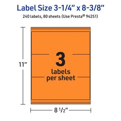 Avery Rectangle Laser/Inkjet Multipurpose Labels, 3-1/4" x 8-3/8", Bright Orange (240/Box)