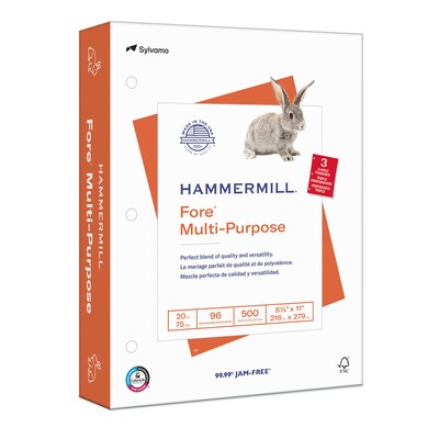 Hammermill Fore 8.5" x 11", 3-Hole Punched  Multipurpose Paper, 20 lbs., 96 Brightness, 500 Sheets/Ream (103275)