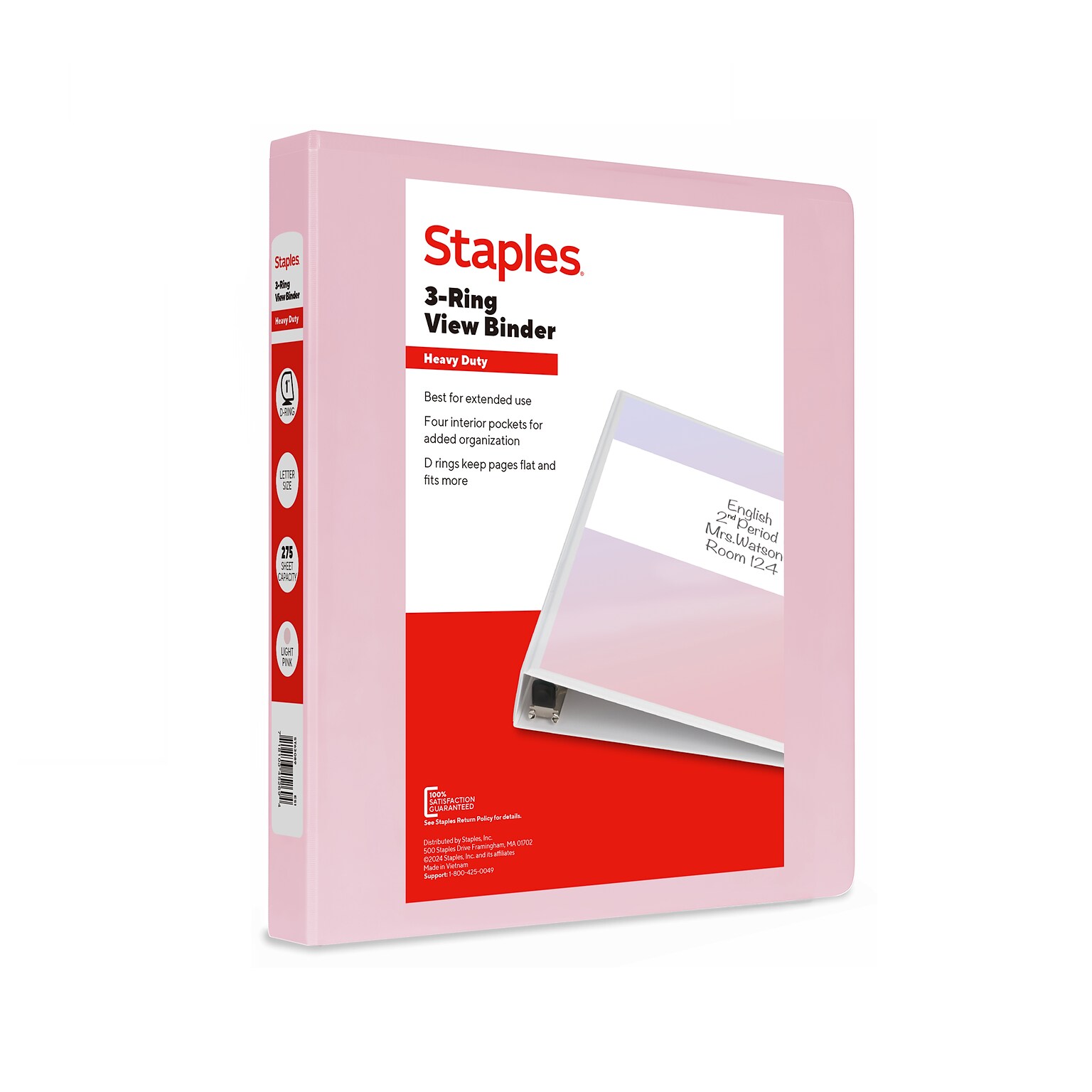 Staples Heavy Duty 1 3-Ring View Binder, D-Ring, Light Pink (ST63089)