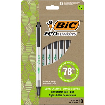 BIC Ecolutions Clic Stic Retractable Ballpoint Pens, Medium Point, Black Ink, 10/Pack (CSEM10-BLK)