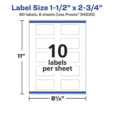 Avery Laser/Inkjet Rectangle Multipurpose Labels, 1.5" x 2.75", Matte White, 80 Labels/Pack (94230)