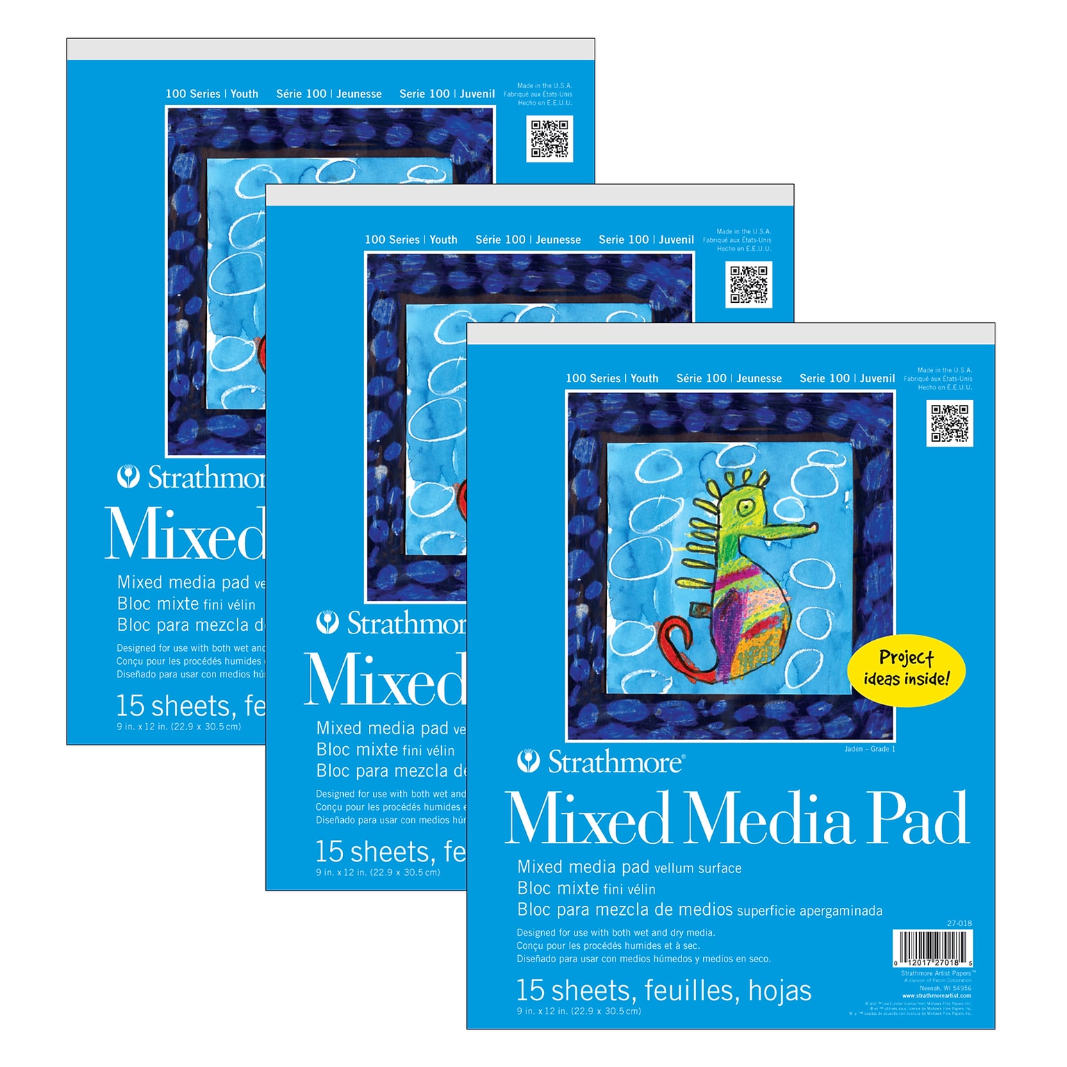 Strathmore 100 Series 9 x 12 Mixed Media Sketch Pad, 15 Sheets/Pad, 3/Bundle (STTP270181-3)