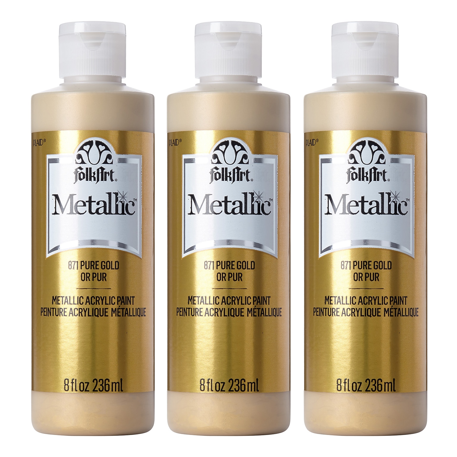FolkArt Acrylic Paint Metallic, 8oz., Pure Gold, 3/Pack (FLK871-3)