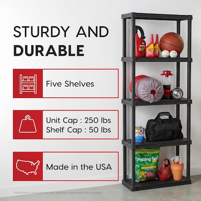 Iris 5-Shelf Plastic Shelving Unit, 63.6" x 23.9" x 11.8", Black (140039)