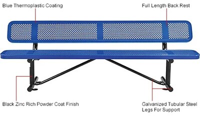 Global Industrial 8' Outdoor Steel Picnic Bench w/ Backrest, Perforated Metal, Blue (262077BL)