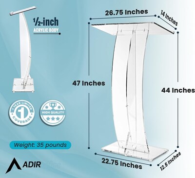 AdirOffice 47" Speaker Podium Slanted Lectern, Clear (661-03-CLR)