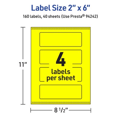 Avery Laser/Inkjet Rectangle Multipurpose Labels, 2" x 6", Neon Yellow, 160/Pack (94242)