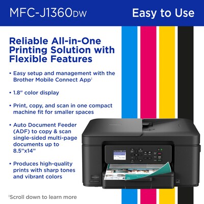 Brother Work Smart MFC-J1360DW Wireless Color All-In-One Inkjet Printer, Best for Home Office, Ink Subscription Service Included
