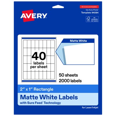 Avery Rectangle Laser/Inkjet Multipurpose Labels, White, 40 Labels/Sheet, 50 Sheets/Pack (19479311280)