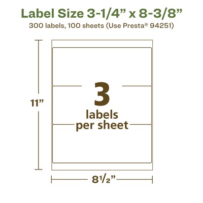 Avery EcoFriendly Laser/Inkjet Rectangle Multipurpose Labels, 3-1/4" x 8-3/8", White, 300/Box (94251)