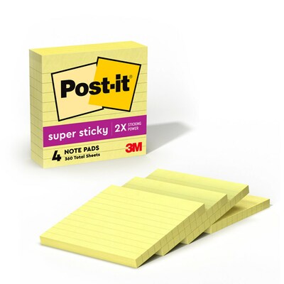 Post-it Super Sticky Notes, 4 x 4, Canary Collection, Lined, 90 Sheets/Pad, 4 Pads/Pack (675-4SSCY
