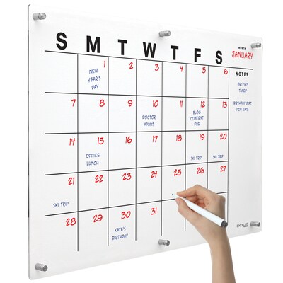 Excello Brands Acrylic Dry-Erase Calendar Whiteboard, 20" x 30", Black Print (ACRYLBRD-CAL20X30-BLK)