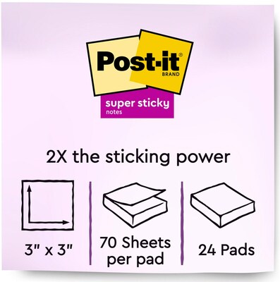 Post-it Recycled Super Sticky Notes, 3 x 3 in., 24 Pads, 70 Sheets/Pad, 2x the Sticking Power, Wanderlust Pastels Collection