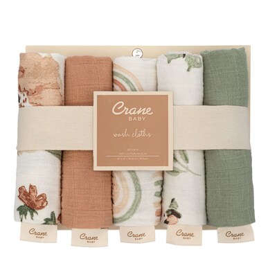 Crane Baby Parker Baby Wash Cloth Set, 5-Piece, Pink Floral (BC-100WC)