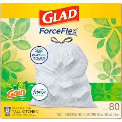 Glad ForceFlex Tall Kitchen Drawstring Trash Bags, 13 Gallon, White, Gain Original scent, 80/Box (78750)