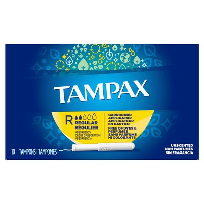 Tampax Cardboard Applicator Tampons, Regular, Unscented, 10/Box (1702131)