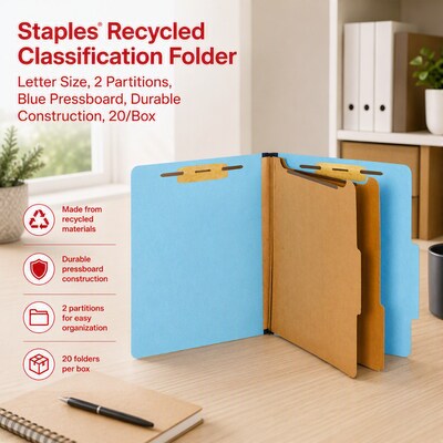 Staples® Recycled Pressboard Classification Folder, 2-Dividers, 2 1/2" Expansion, Letter Size, Light Blue, 20/Box (ST614616-CC)