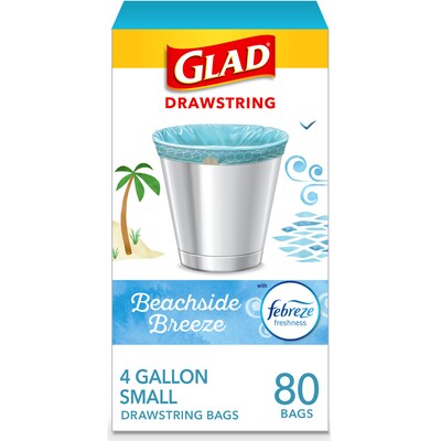 Glad Small Kitchen Drawstring Trash Bags, 4 Gallon, Blue, Febreze Beachside Breeze, 80/Box (79155)