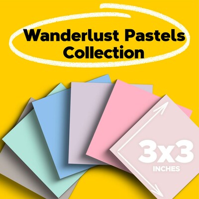 Post-it Recycled Super Sticky Notes, 3 x 3, Wanderlust Pastels Collection, 70 Sheets/Pad, 12 Pads/
