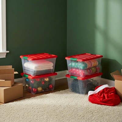 Iris Holiday Medium Stackable Plastic Storage Box, 10.5" x 14.4" x 18.5", 32 Qt., Clear/Red, 4/Pack (500532)