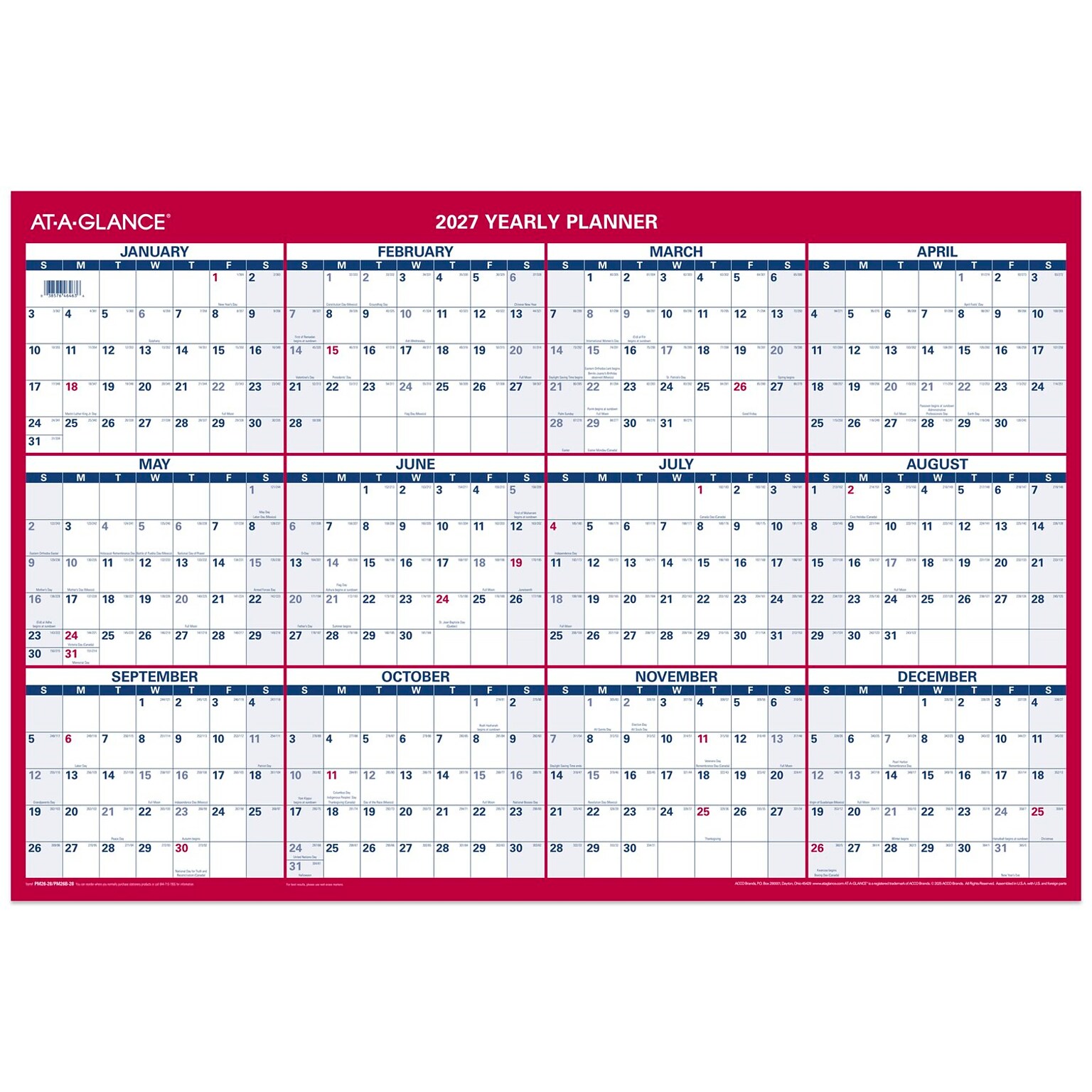 2027 AT-A-GLANCE 36 x 24 Yearly Dry Erase Wall Calendar, Reversible, White/Red (PM26-28-27)