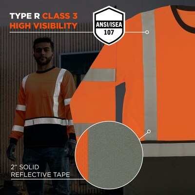 Ergodyne GloWear 8369BK High Visibility Long Sleeve Black Bottom T-Shirt, ANSI Type R Class 3, Orange, 2XL (22226)