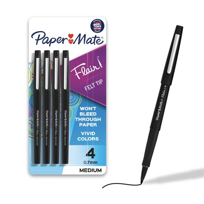 Paper Mate Flair Felt Pen, Medium Point, 0.7mm, Black Ink, 4 Pack (84344)