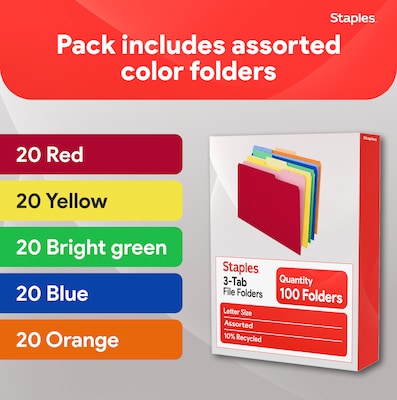 Staples File Folders, 1/3-Cut Tab, Letter Size, Assorted, 100/Pack (ST22953-CC)