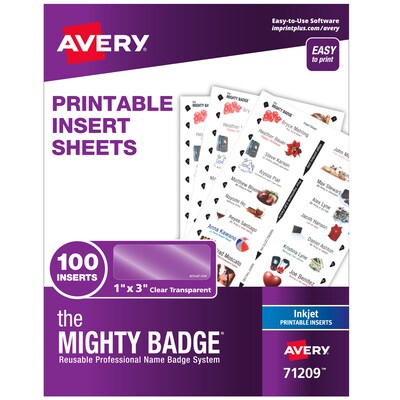 Avery The Mighty Badge Inkjet Printable Insert Sheets, 1 x 3, Clear, 20 Inserts/Sheet, 5 Sheets/Pack, 100 Inserts/Pack (71209)
