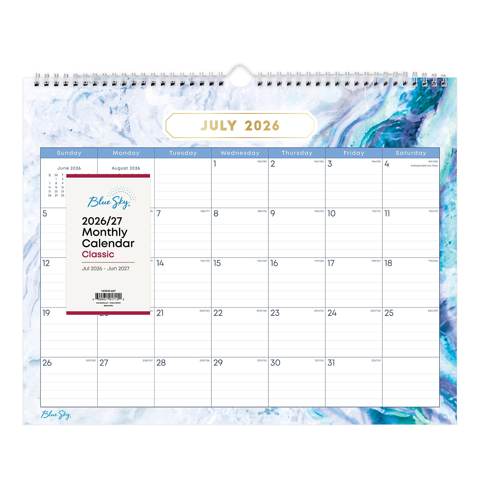 2026-2027 Blue Sky Wirebound Gemma 12 x 15 Academic Monthly Wall Calendar, Assorted Colors (147010-A27)