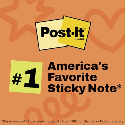 Post-it Notes, 3" x 3", Sunburst Collection, 100 Sheet/Pad, 5 Pads/Pack (654-5SUN)