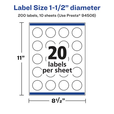Avery Laser/Inkjet Round Multipurpose Labels, 1.5" Dia.,  Clear, 20 Labels/Sheet, 10 Sheets/Pack (94506-CMF10)
