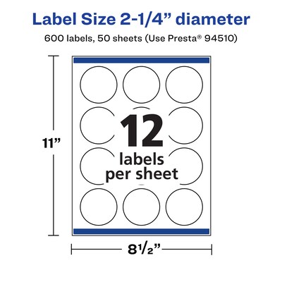 Avery Laser/Inkjet Circle  Waterproof Multipurpose Labels, 2.25"  Dia, White, 600/Box (94510)
