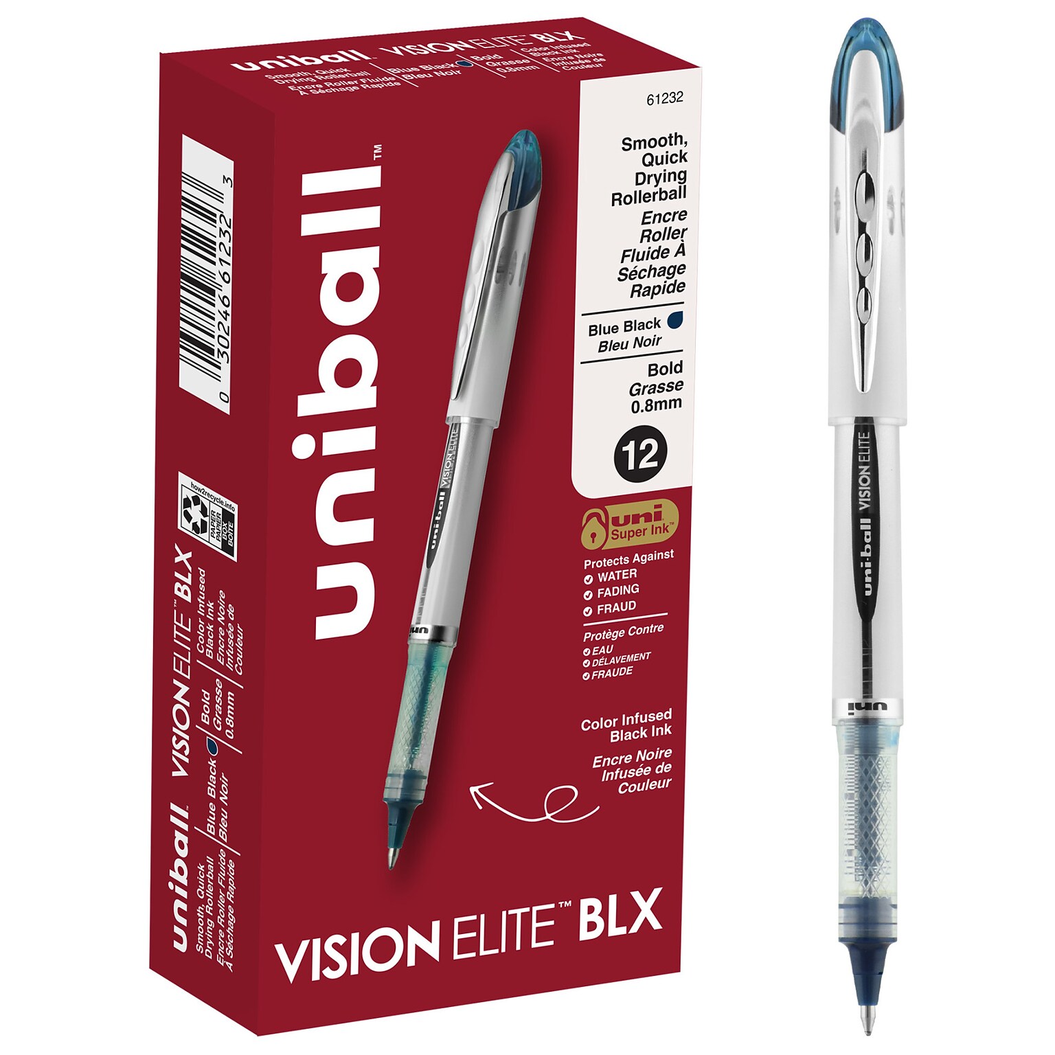uni-ball Vision Elite Rollerball Pens, Bold Point, Blue-Black Ink, 12/Pack (61232)