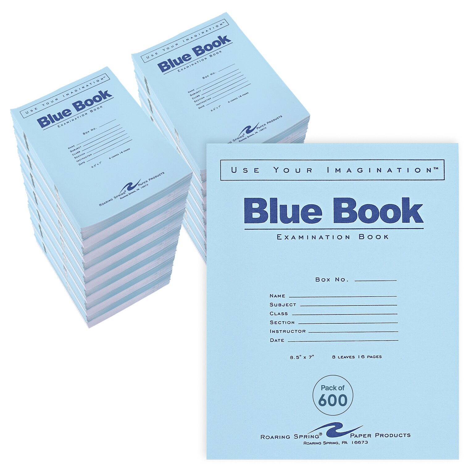 Roaring Spring Paper Products Exam Notebook, 7x 8.5, Wide-Ruled, 8 Sheets, Blue, 600/Carton (77512CS)