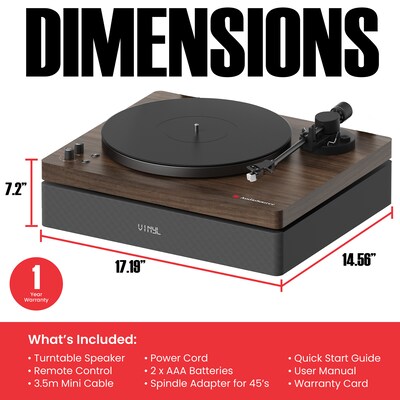 Audiosource AT33 Belt Drive turntable with 2.1 channel 120 watt Bluetooth Speakers, Walnut Woodgrain (AT3345WW)