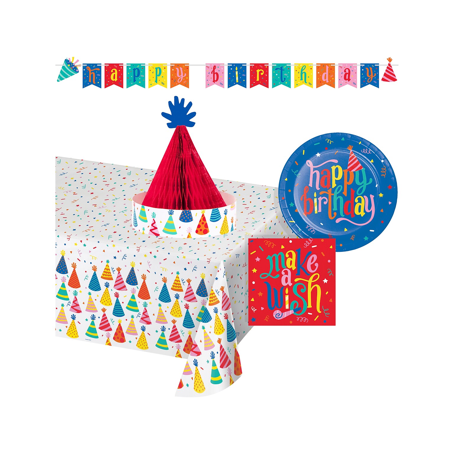 Creative Converting Hats Off Birthday Tableware and Decor Kit, Assorted Colors (DTC9127E4A)