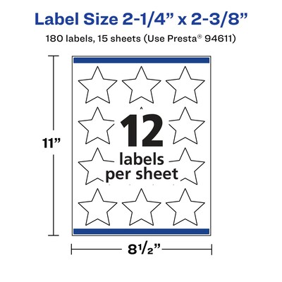 Avery Laser/Inkjet Burst Multipurpose Labels, 2-1/4" x 2-3/8", White, 180 Labels/Pack (94611)