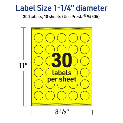 Avery Laser/Inkjet Multipurpose Circle Labels, 1.25" Dia., Neon Yellow, 300/Pack (94505)